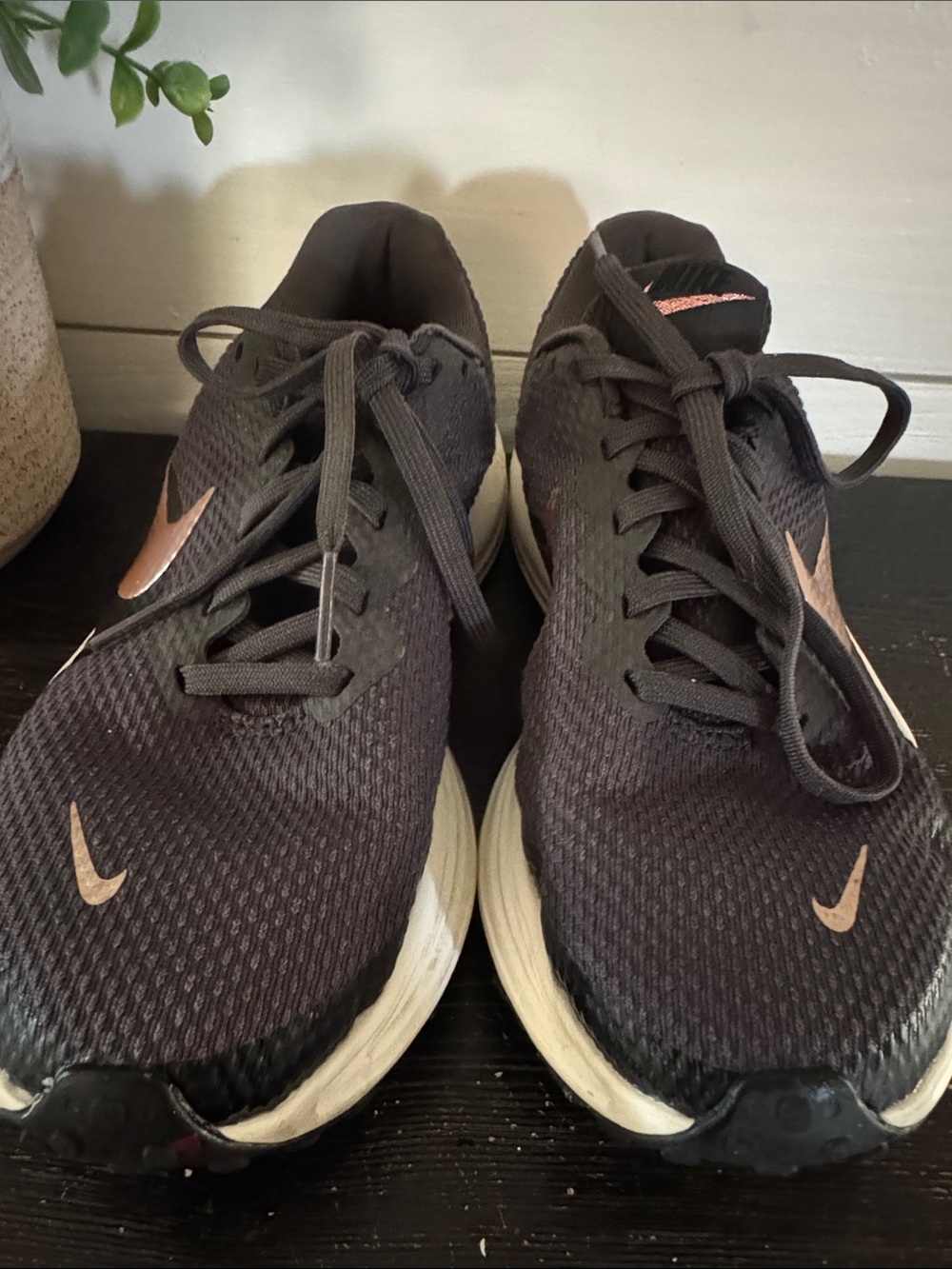 Nike Women's Black Athletic Sneakers with Rose Gold Swoosh